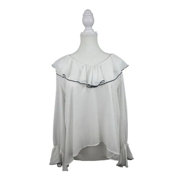 Zara Women's White Black Trim Blouse Peasant Ruffle Frill Boho - Small - Picture 1 of 11